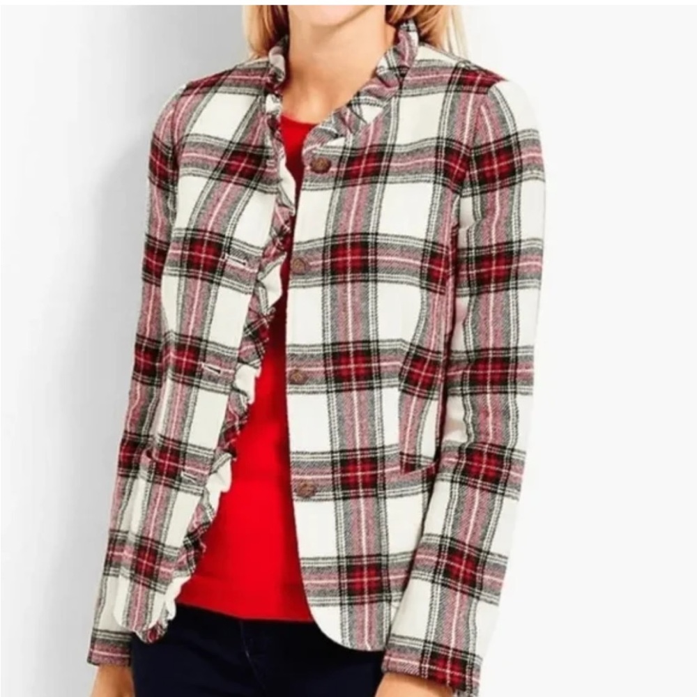 Talbots Tartan Plaid Shetland Wool Jacket Blazer 14 Petite Ruffle Peplum Back